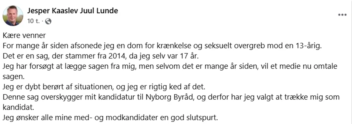 Her ses det opslag på Facebook, hvor Venstres Jesper Kaaslev Juul Lunde offentliggør, at han trækker sig som kandidat til kommunalvalget i Nyborg Kommune.