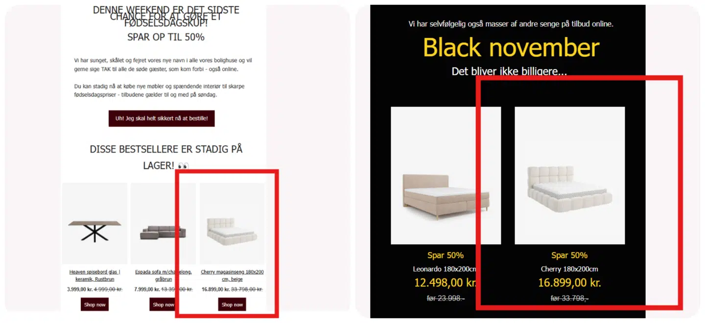 Fødselsdagstilbud til venstre og black novembertilbud til højre.