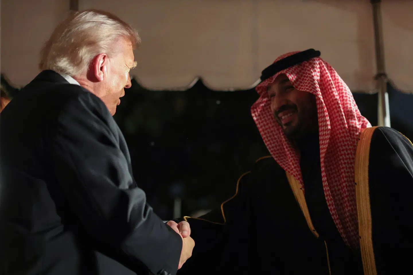 Saudi-Arabiens kronprins, Mohammed bin Salman, og USA's præsident, Donald Trump, i det Hvide Hus tirsdag aften amerikansk tid. Også blandt andet Elon Musk har deltaget i middag.