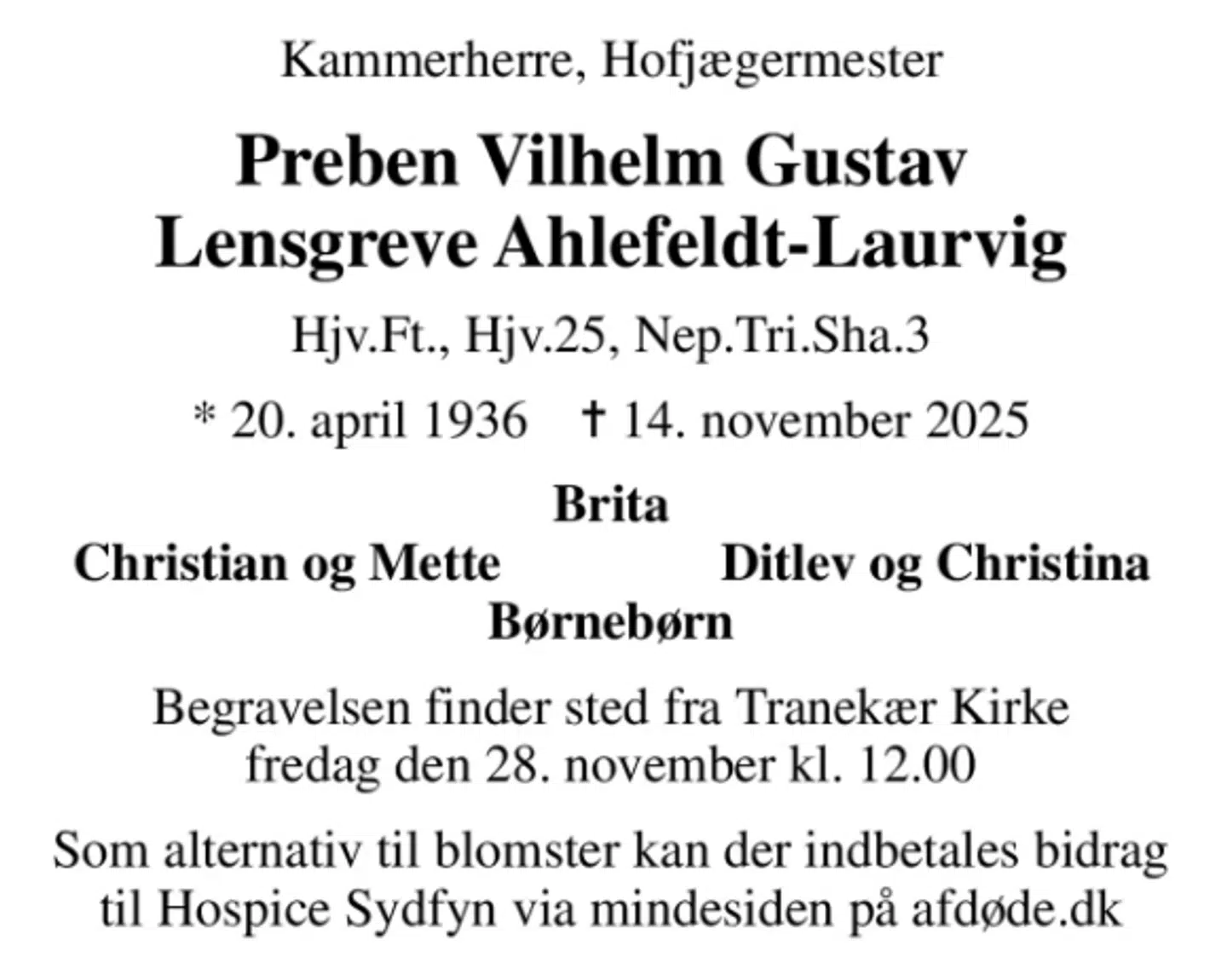 Dødsannoncen for lensgreven blev trykt i Berlingske onsdag. Foto: afdøde.dk