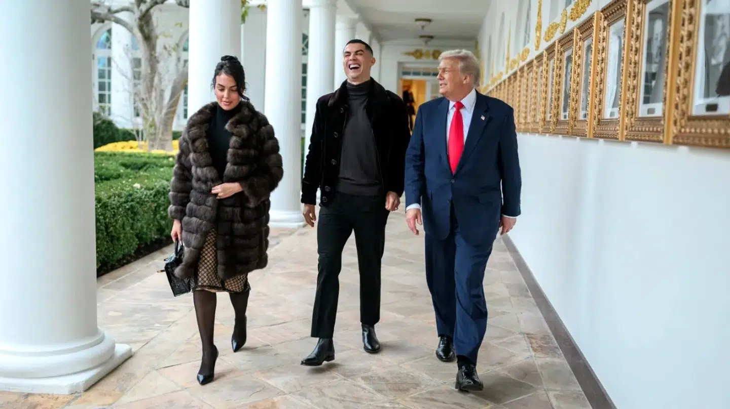 Den portugisiske fodboldstjerne Cristiano Ronaldo dukkede tirsdag op i Det Hvide Hus sammen med sin forlovede, Georgina Rodríguez. Her ses de gå ved siden af den amerikanske præsident, Donald Trump.