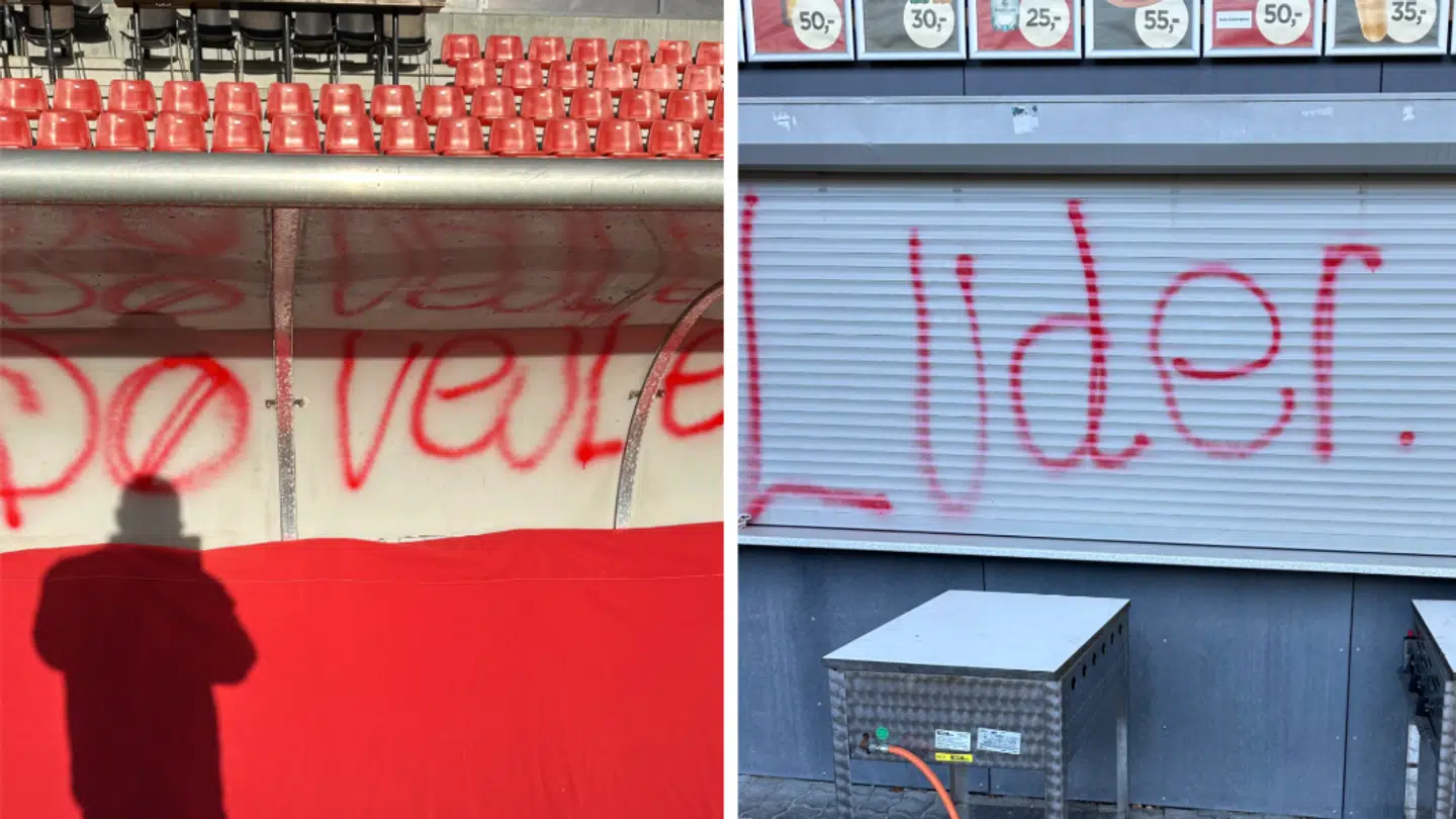 Flere steder på Vejle Stadion er der blevet skrevet knap så pæne budskaber med graffiti.