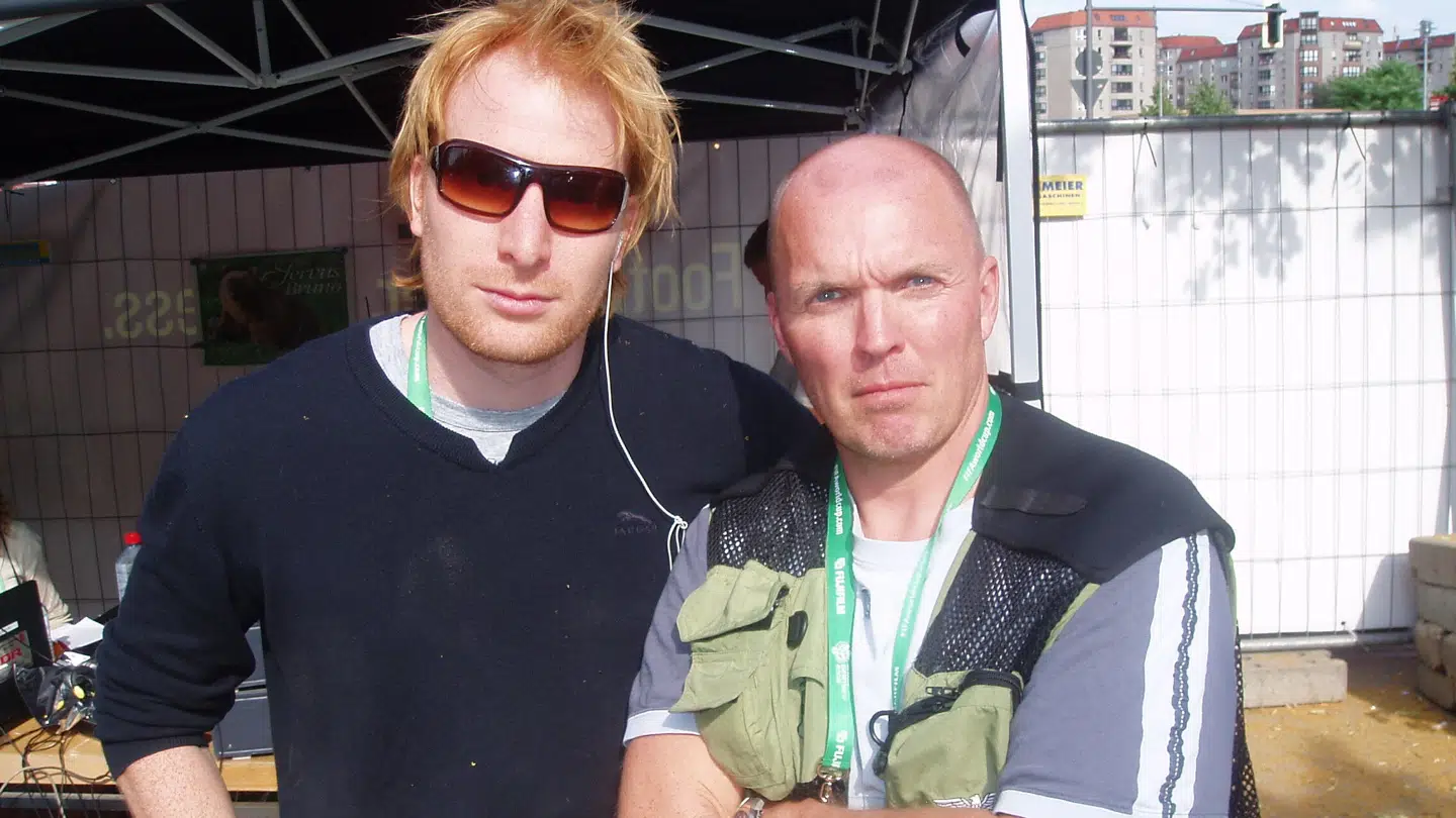 DR-vennerne Andreas Kraul (tv.) og Morten Hausborg under VM i fodbold i 2006.