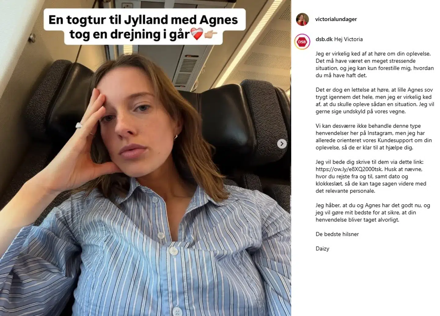 På billedet ses Victoria Lundagers opslag samt DSB’s kommentar. B.T. har redigeret billedet, så det ikke fremgår, hvem der har liket eller kommenteret billedet udover DSB.