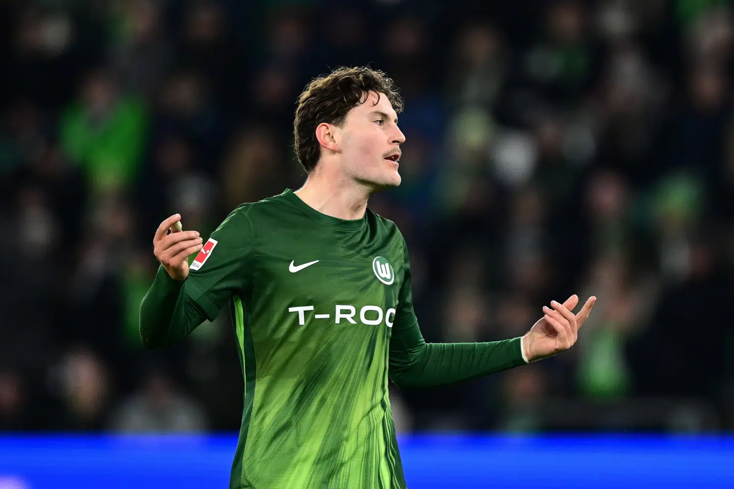 Jonas Wind var på banen i lørdags, da Wolfsburg tabte til Leverkusen. Nu er han skadet.