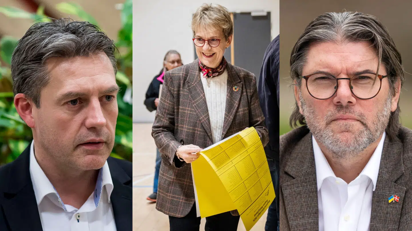 På billedet ses borgmesterkandidaterne i Ringkøbing-Skjern Kommune: Lennart Qvist (KF) til venstre, Lone Andersen (V) i midten og Mads Fuglede (DD) til højre.