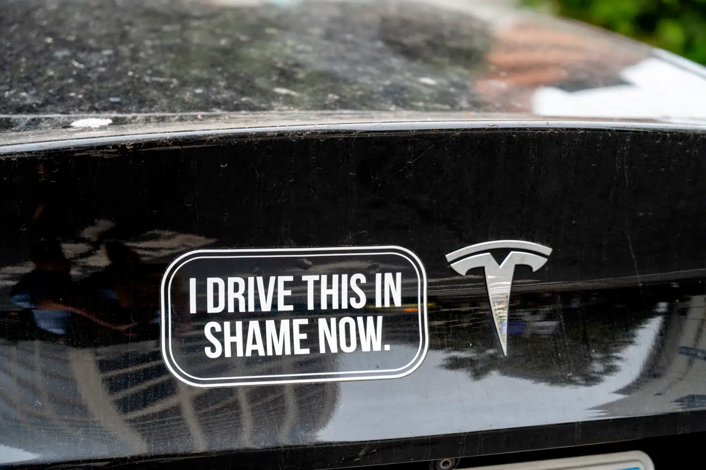 »Jeg kører denne i skam nu,« står der på bagsmækken af denne Tesla, der kører rundt i San Francisco i USA. Det er ikke kun i Europa, at mange har fået nok af Tesla-topchef Elon Musk og vælger hans bilmærke fra.