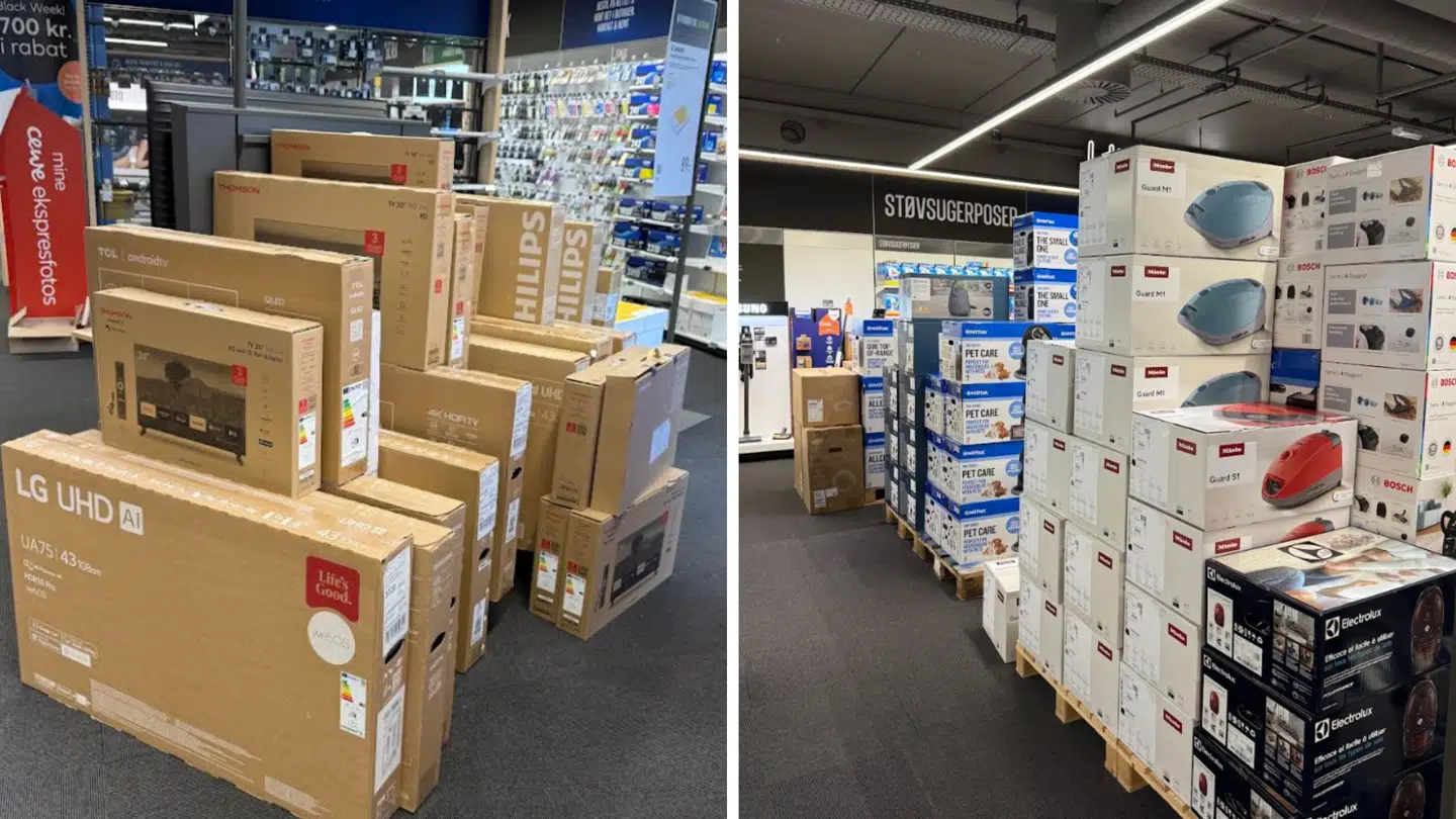 I Elgiganten Høje Taastrup har man fyldt lagervarer ind i butikken, for at få plads det alt.