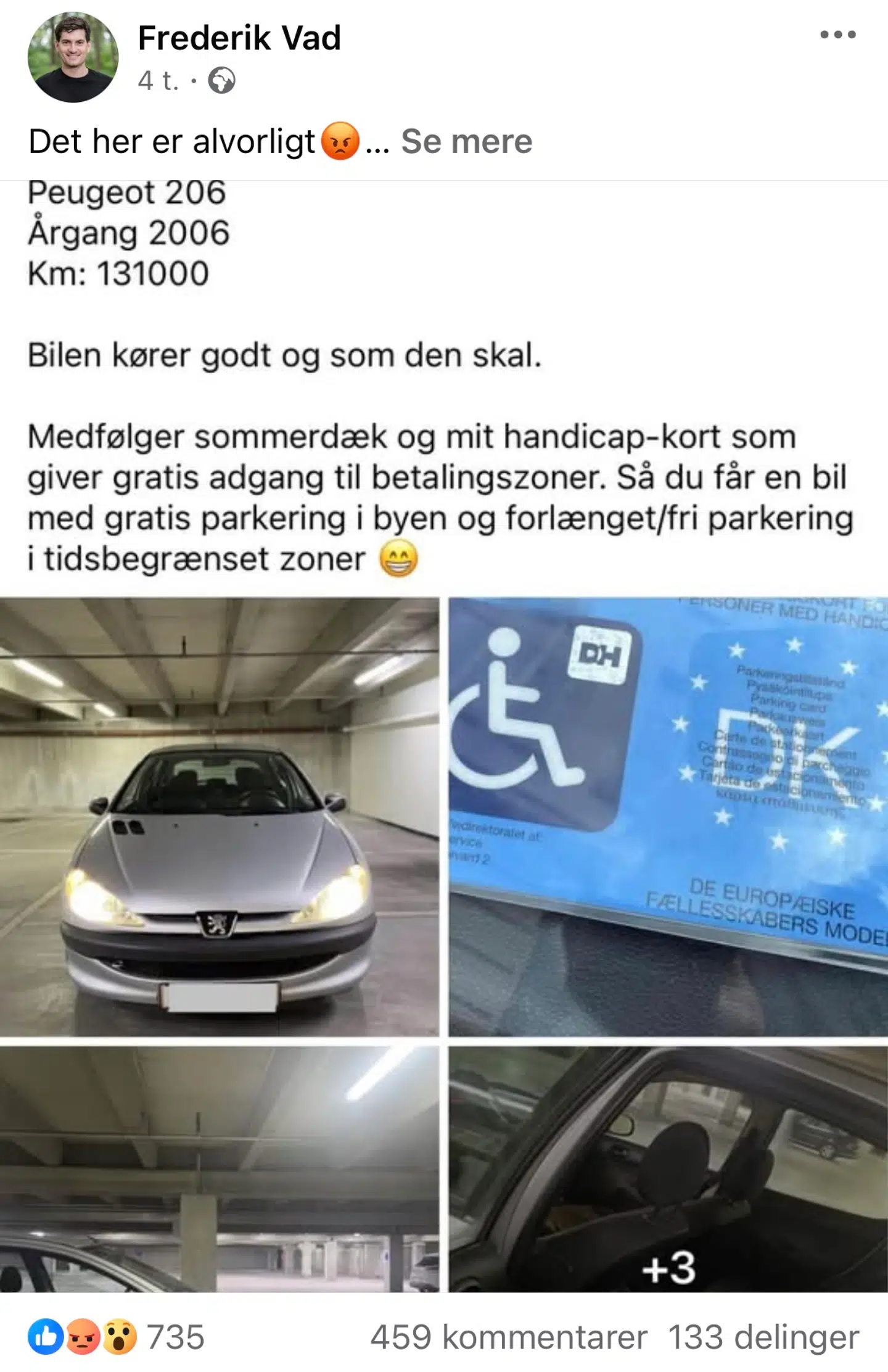 Frederik Vad (S) har delt opslaget i bil-gruppen med sine følgere på Facebook.