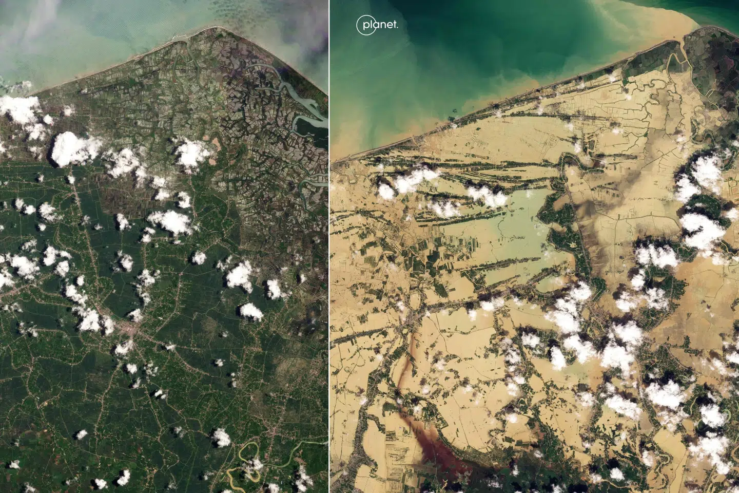 To luftfotos viser en del af regionen Aceh i Indonesien før og efter oversvømmelserne. Billedet til venstre er fra september i år, mens billedet til højre er taget 30. november.