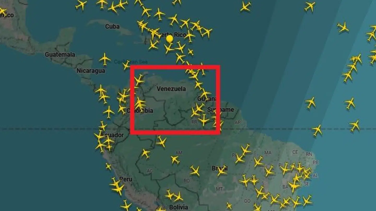 Sådan ser luftrummet over Venezuela ud tirsdag tidlig formiddag efter Donald Trump har lukket luftrummet.