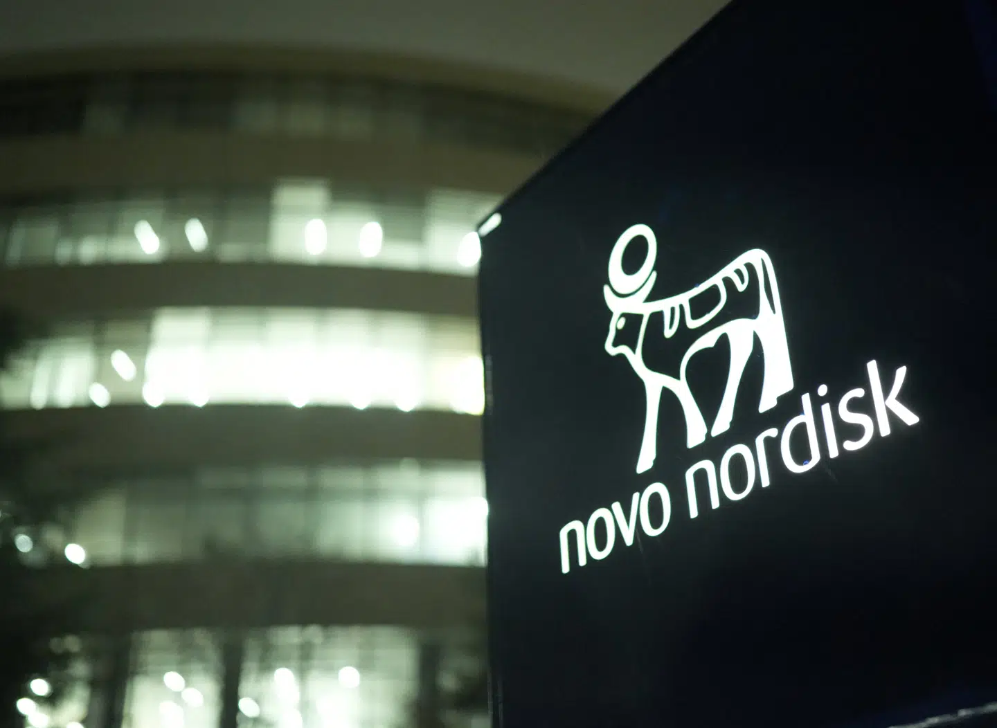 The logo of pharmaceutical company Novo Nordisk is displayed in front of its offices in Bagsvaerd, on the outskirts of Copenhagen, Denmark, November 24, 2025. REUTERS/Tom Little