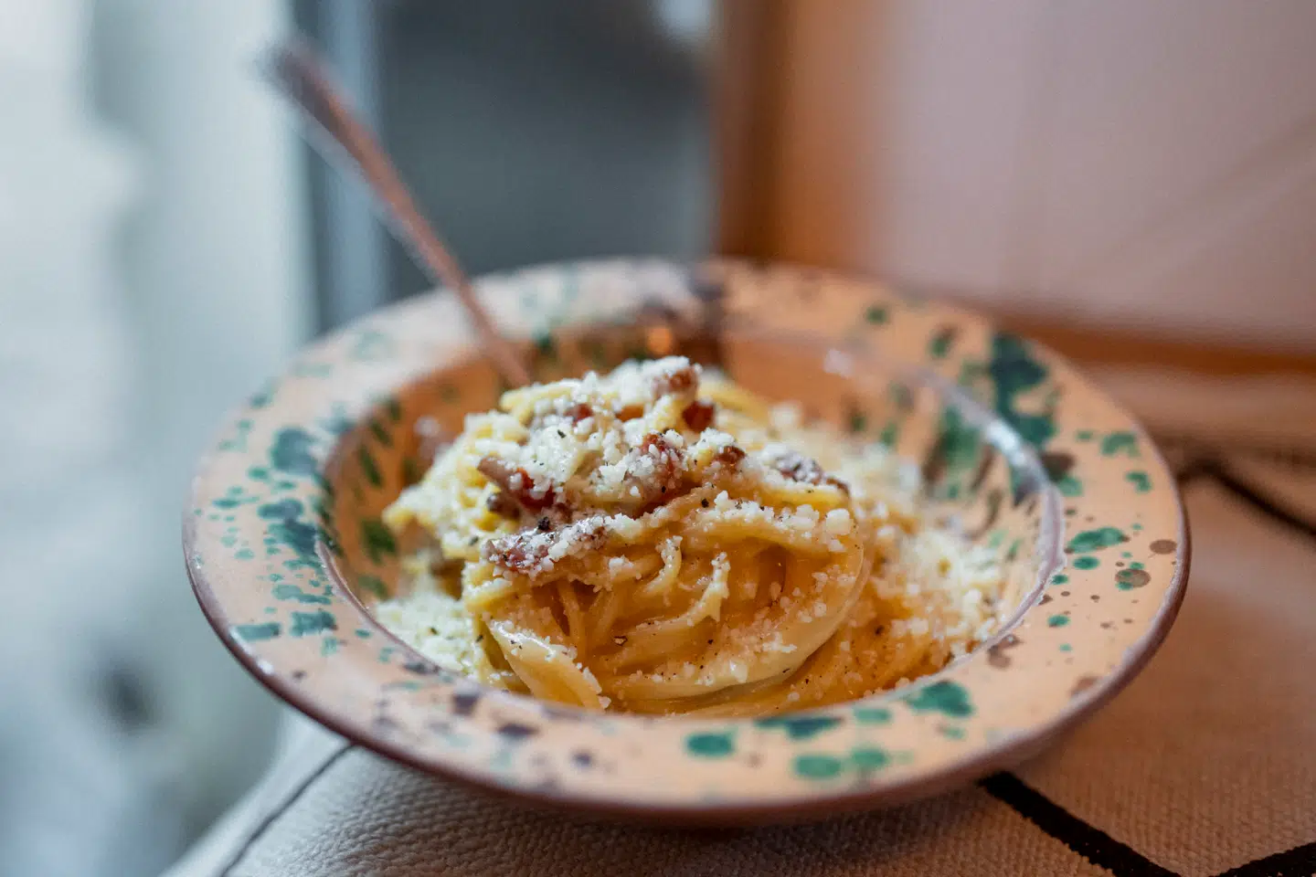 Spaghetti carbonara er oprindeligt fra Rom. Denne portion er dog fra Restaurant Fabro i Indre København.