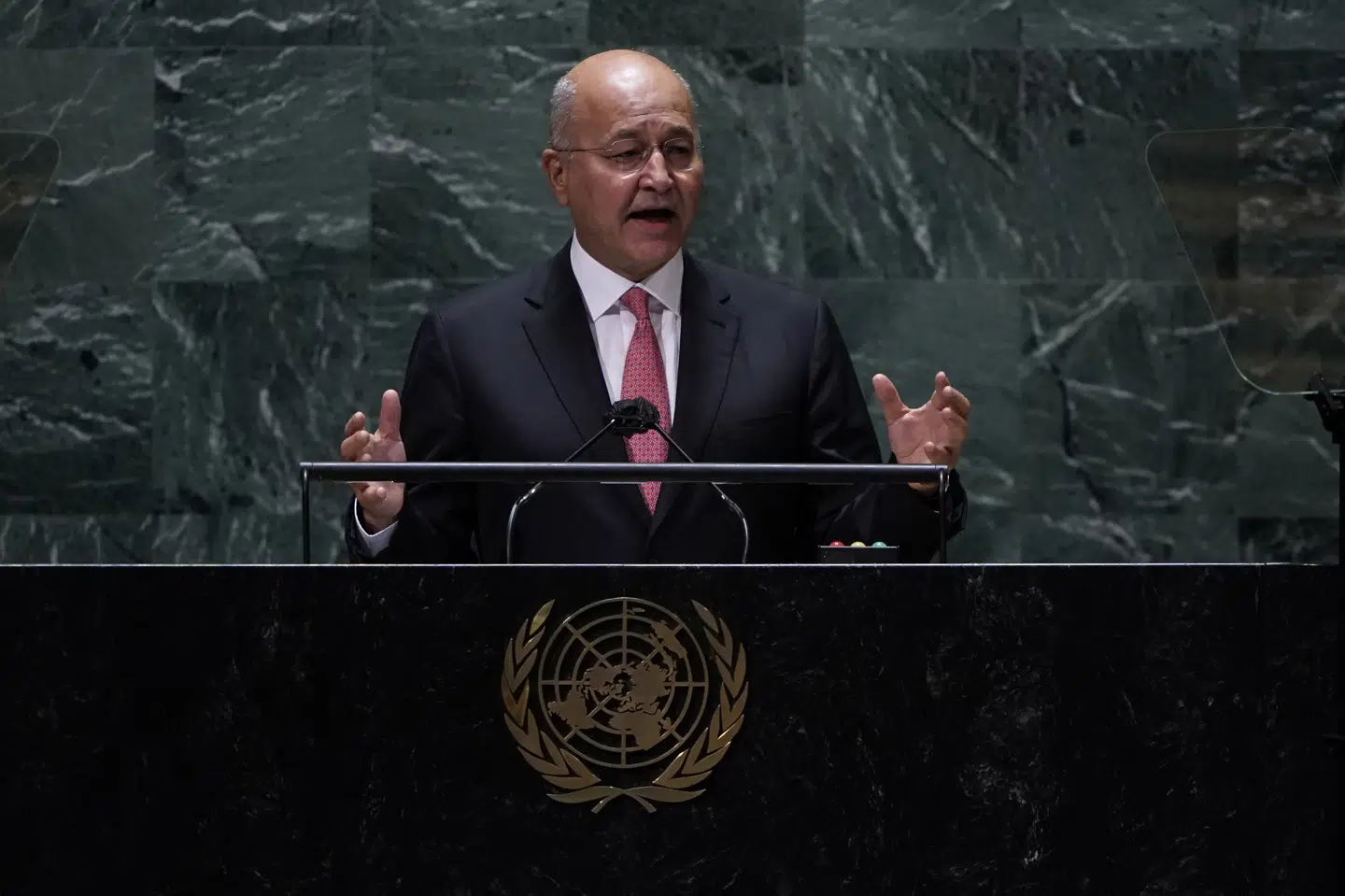 Barham Salih taler som irakisk præsident i 2021 til FN's Generalforsamling. (Arkivfoto).