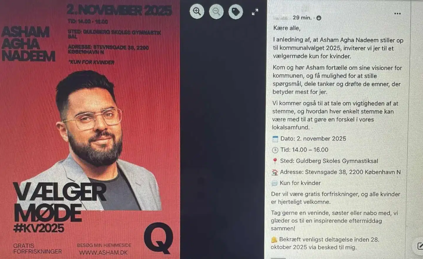 Skærmbillede fra den lukkede Facebook-gruppe, der reklamerer for vælgermødet kun for kvinder.