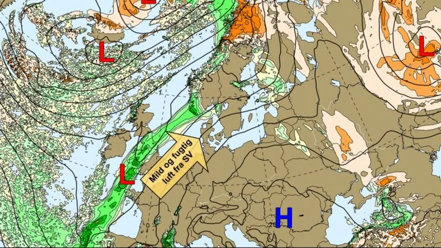 Et højtryksområde over det østlige Europa og flere dybe lavtryksområder over Nordatlanten giver betingelser for mildt vejr over Danmark. Men det kan snart vende.