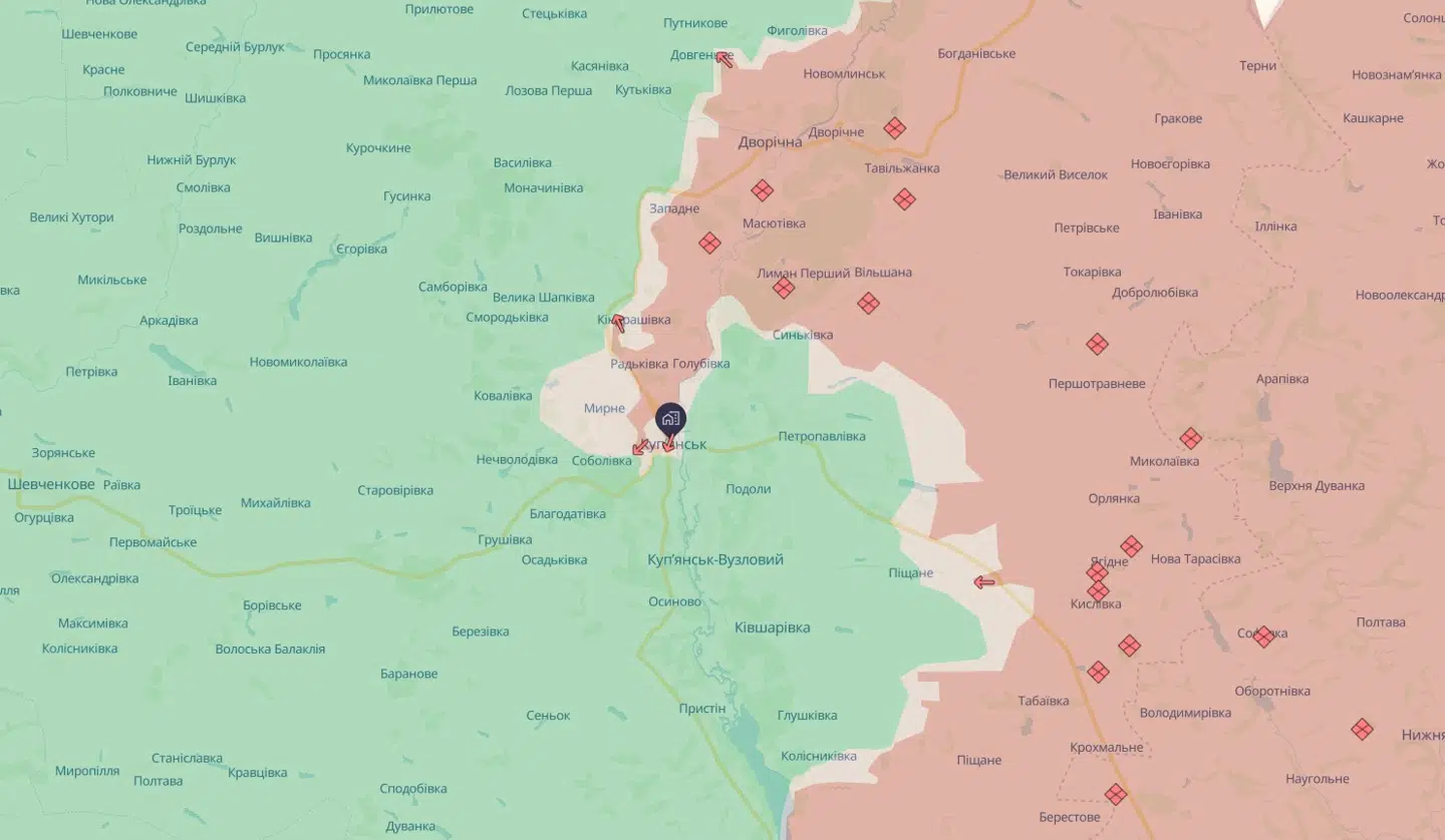 Sådan så et kort over fronten nær Kupjansk ud 11. december 2025. Rusland er repræsenteret ved den røde farve. Ukraine ved grøn.