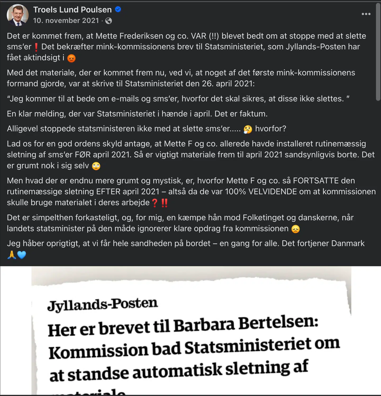 Troels Lund Poulsen skrev i et facebookopslag, at alt skulle frem i Mette Frederiksens SMS-sag: »Det fortjener Danmark.« I dag vil han ikke besvare simple spørgsmål i sagen. Fx. spørgsmålet: Var Forsvarsministeriet bekendt med, at der blev fundet en computer med en backup?