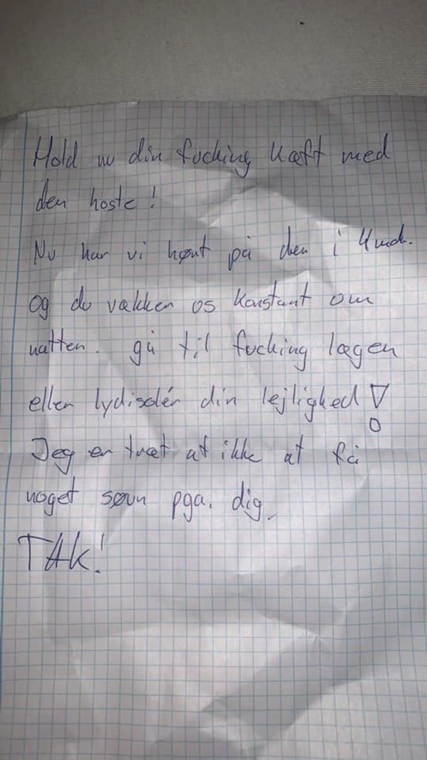 Brevet fra beboeren i Victoria Sara Vallentins opgang, der lå i hendes postkasse.