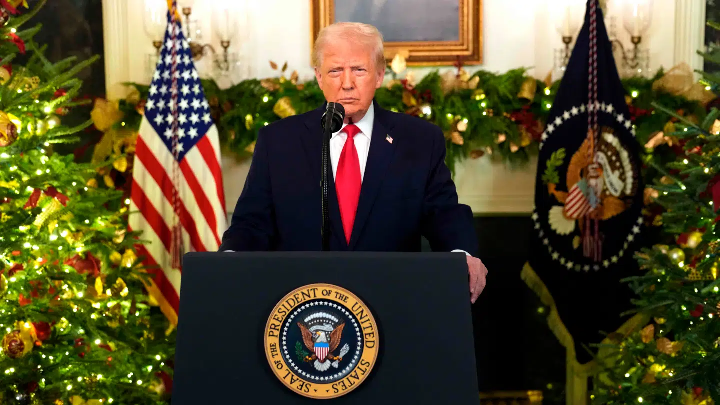 Den amerikanske præsident, Donald Trump, ses her under talen, som han holdt natten til torsdag dansk tid.