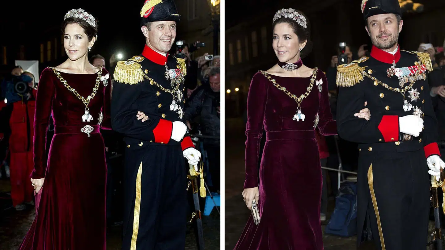 Kronprinsesse Mary og kronprins Frederik ved nytårstaflet i henholdsvis 2012 og 2014.