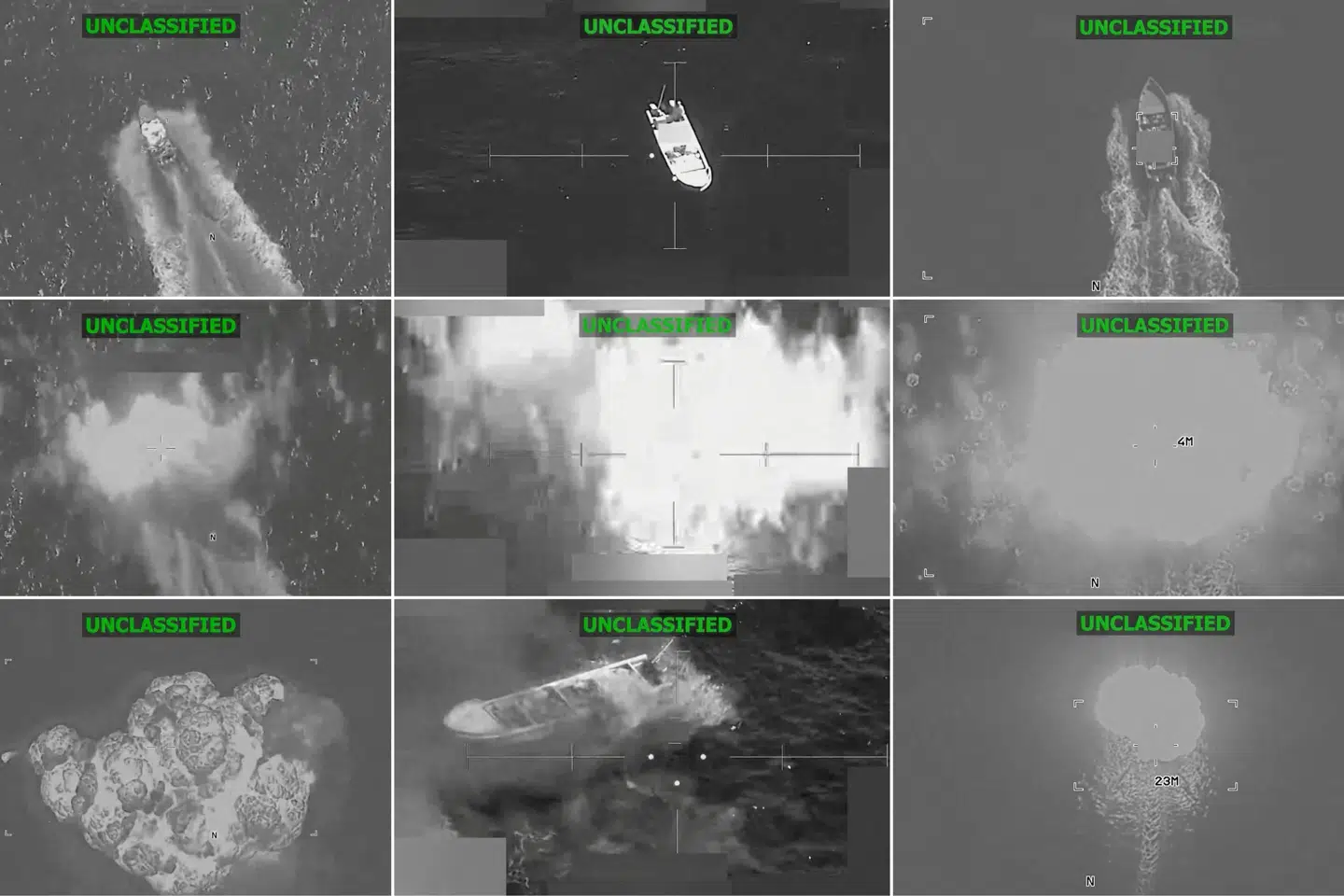 U.S. Southern Command offentliggjorde tidligere i december disse billeder af angreb på tre både i Stillehavet. Torsdag angreb USA's militær igen en båd, der angiveligt mistænktes for at smugle narkotika. (Arkivfoto).