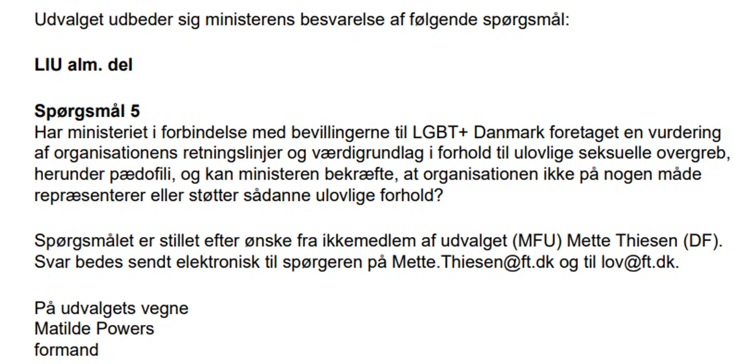 Mette Thiesens spørgsmål i Ligestillingsudvalget.
