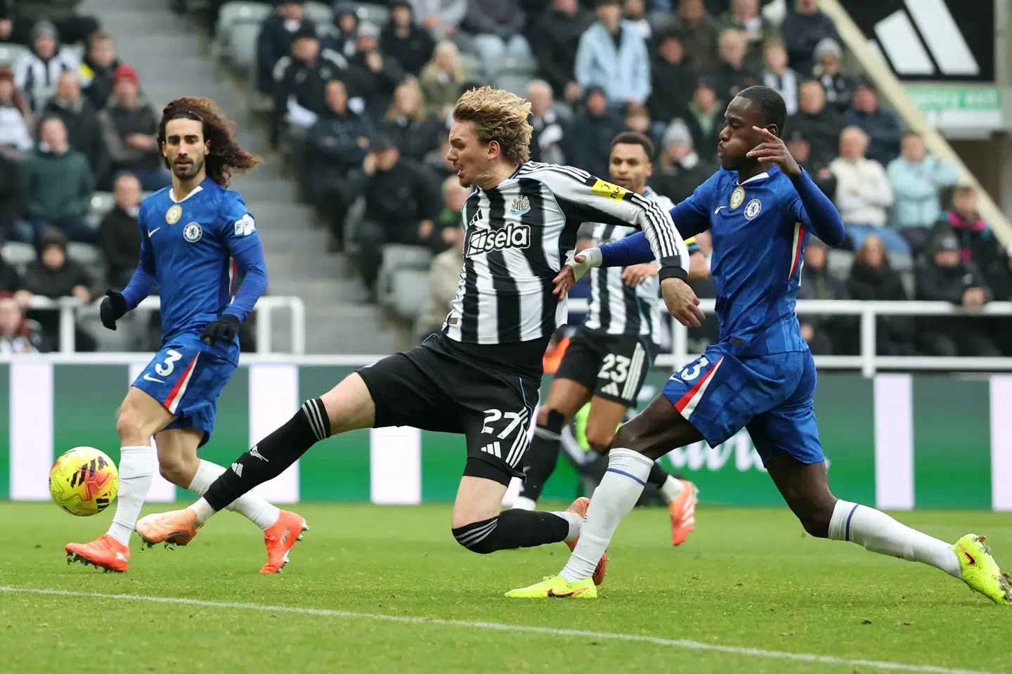 Nick Woltemade sætter foden på et indlæg og gør det til 2-0 hjemme mod Chelsea. Det rakte dog ikke til sejr.