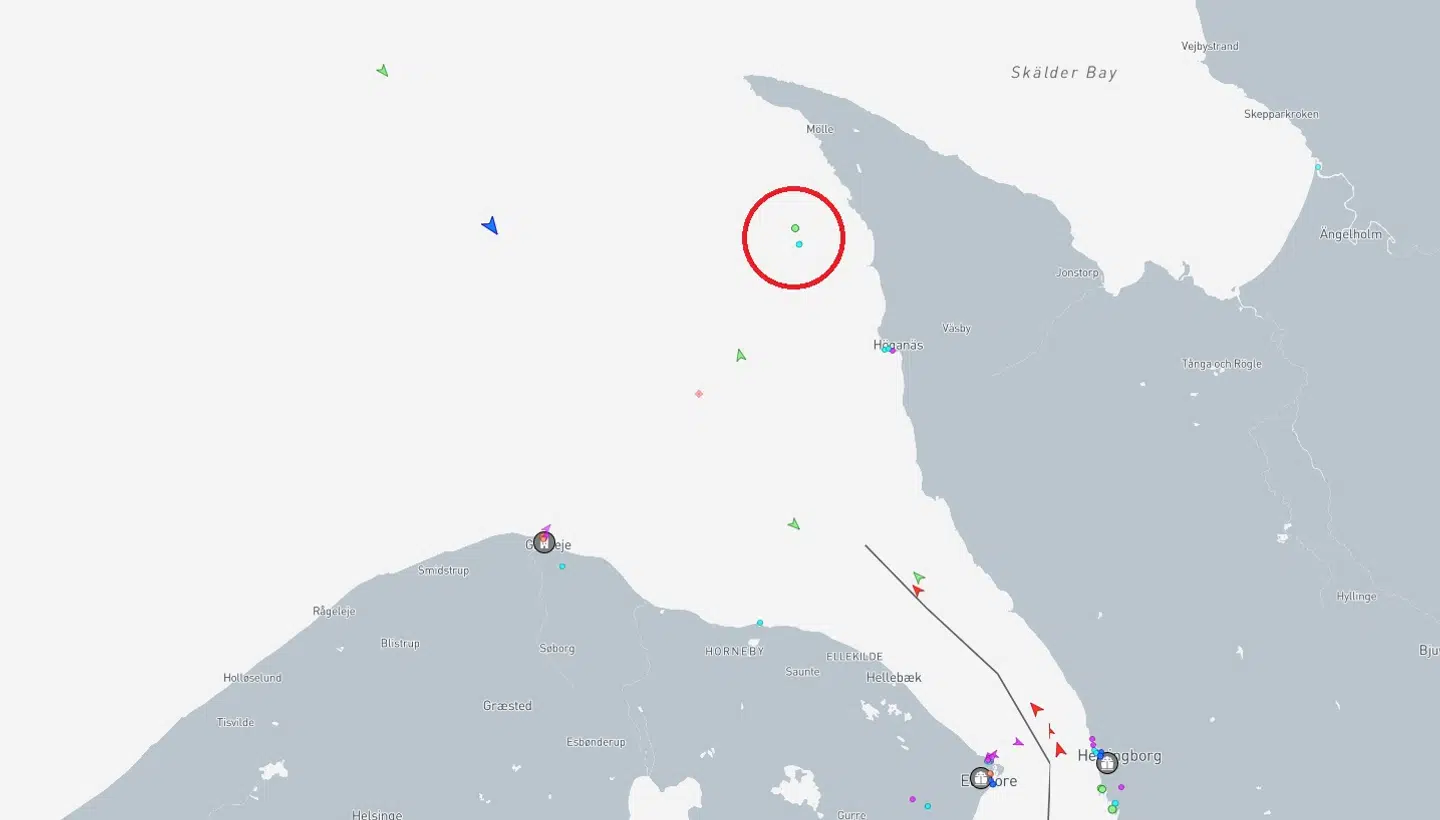 Det russiske skib ligger for anker i Øresund, viser hjemmesiden Marinetraffic, der følger verdens skibstraffik.