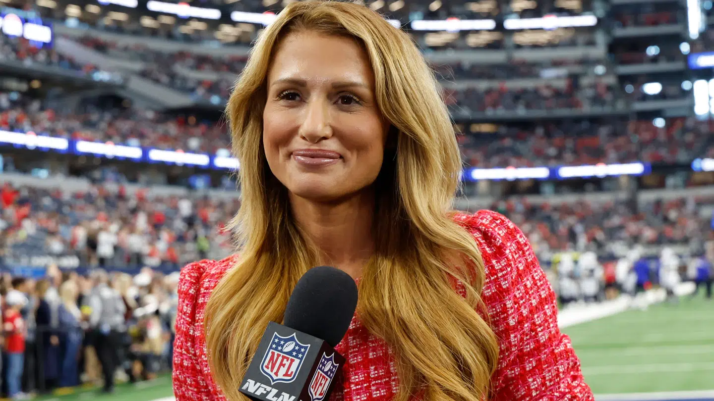 NFL network reporter Jane Slater before a NFL football game between the Kansas City Chiefs and the Dallas Cowboys on Thursday, Nov. 27, 2025, in Arlington, Texas. (AP Photo/Matt Patterson)