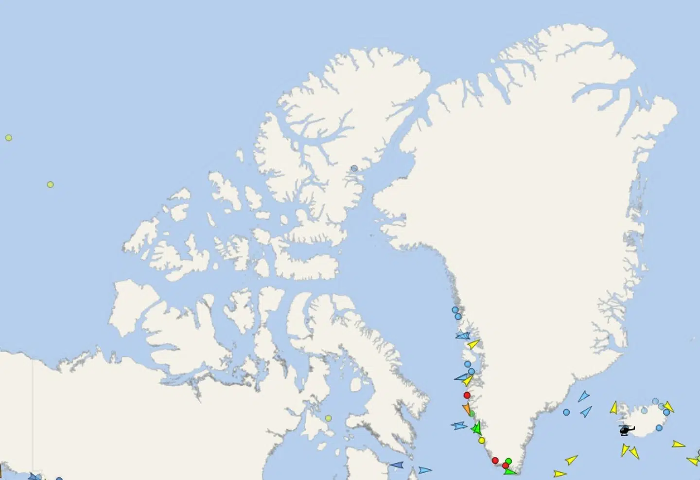 Sådan ser et kort over Grønland på Vesselfinder ud tirsdag tidlig eftermiddag.