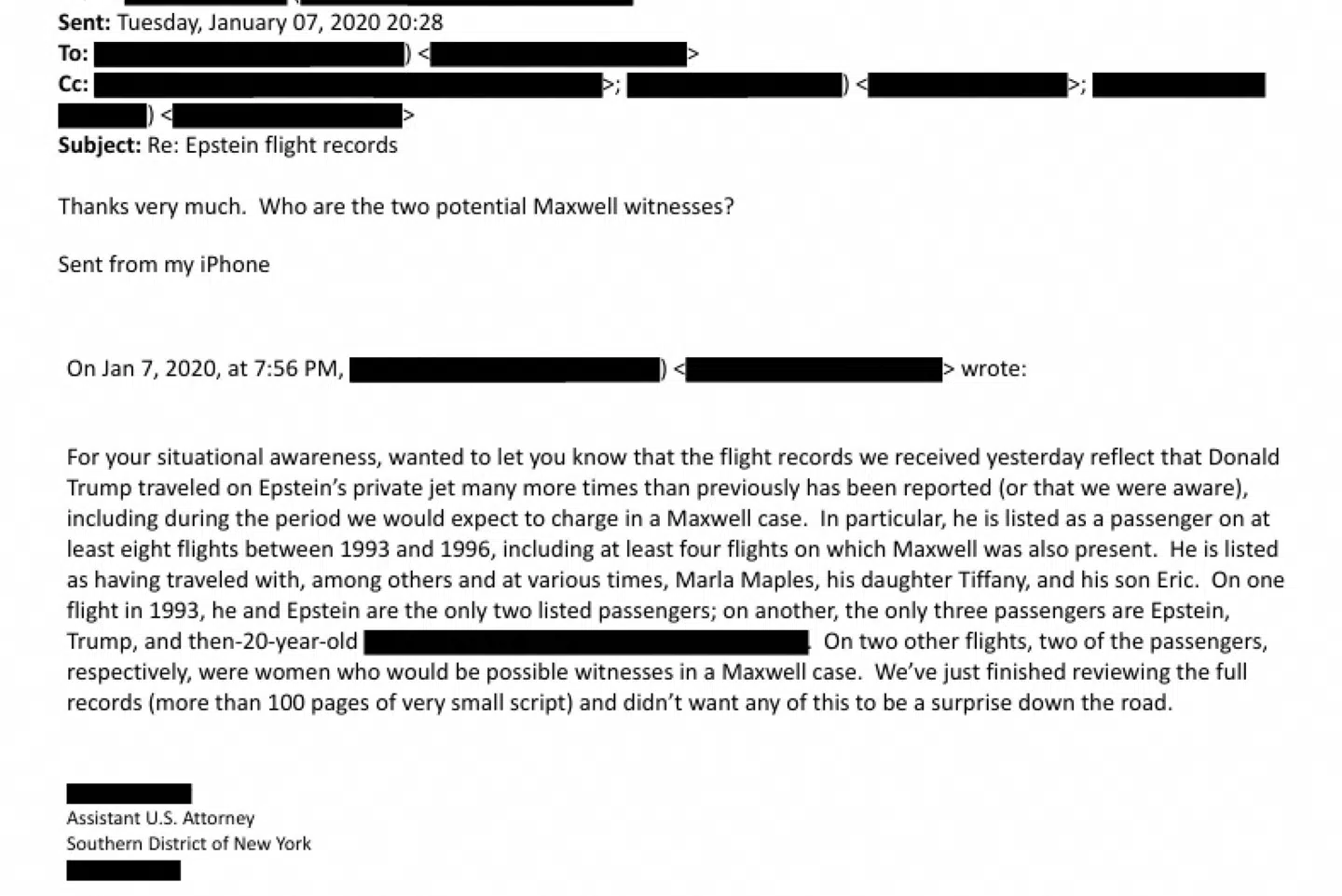 En e-mail vedrørende passagerlisterne for Jeffrey Epsteins private jet nævner USA's nuværende præsident, Donald Trump. Mailen er blandt de mange dokumenter, som det amerikanske justitsministerium har frigivet tirsdag.
