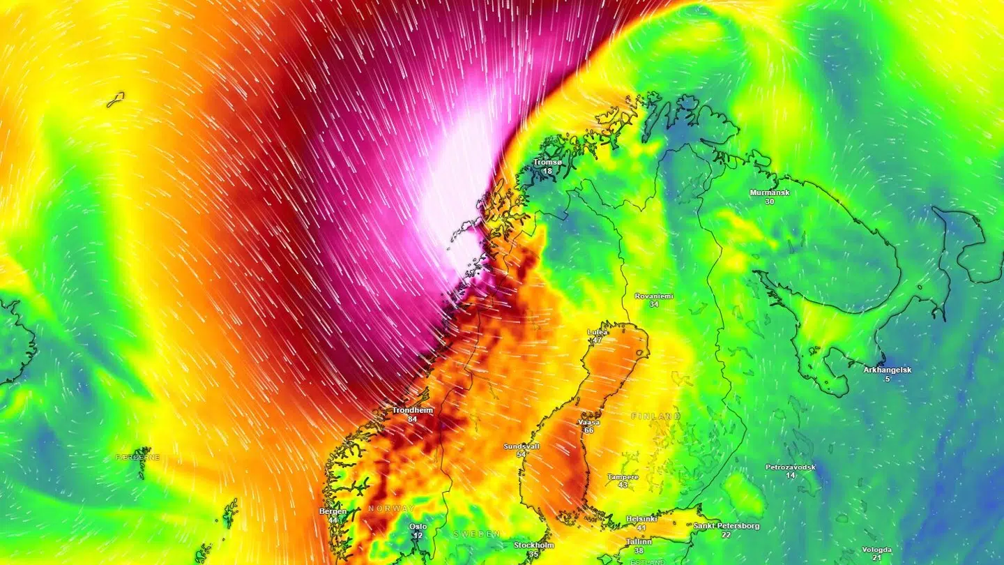 Her ses et kort over de kraftige vindstød, der lige nu rammer Norge.