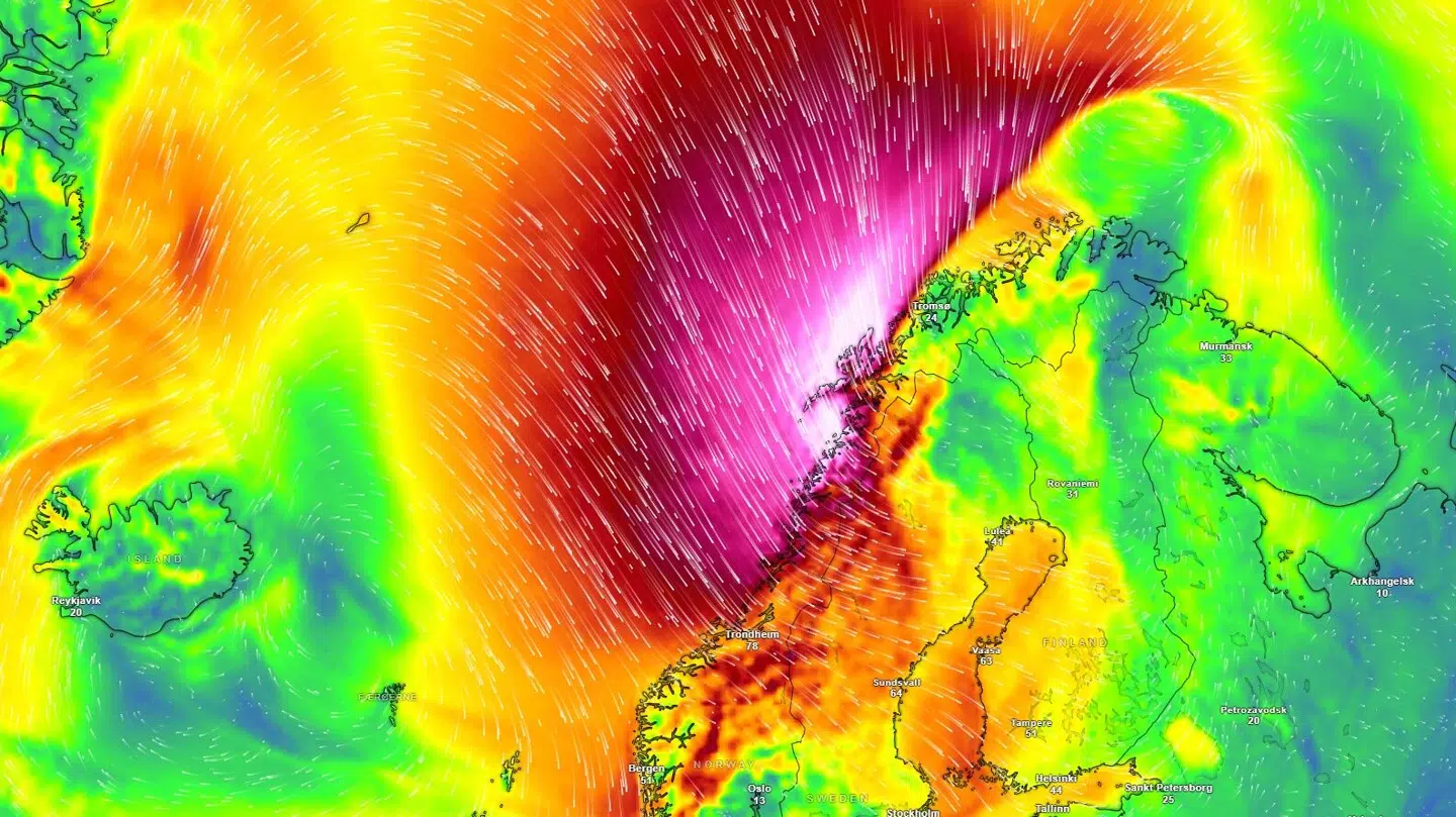 Her ses et kort over de kraftige vindstød, der lige nu rammer Norge.