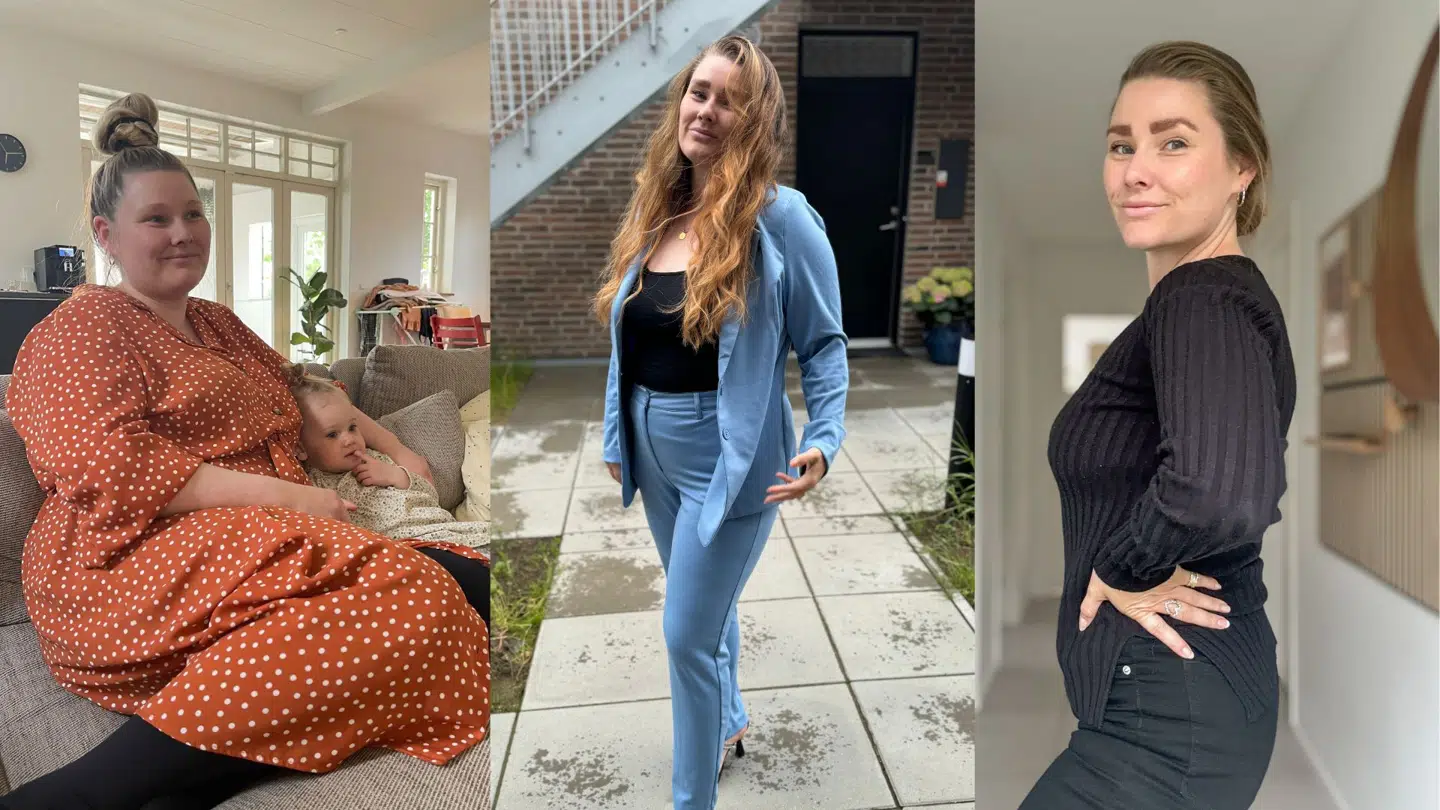 Nanna Kielgast Freving før, under og efter sit vægttabsforløb. Hun har i alt tabt sig 33 kilo.