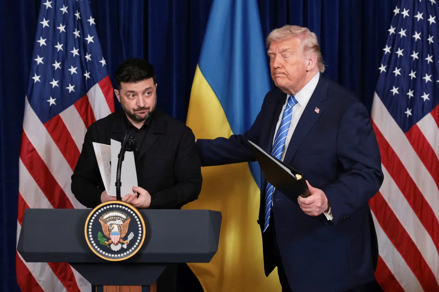 Ukraines præsident, Volodymyr Zelenskyj, holdt søndag sammen med sin amerikanske modpart, Donald Trump, pressemøde søndag efter et flere timer langt møde i Florida. (Arkivfoto).