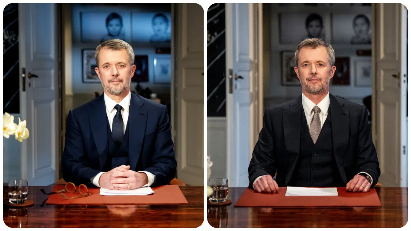 Til årets nytårstale (til venstre) bar kong Frederik den bedst mulige habit, selvom flere ønsker at se ham i den mere festlige smoking. Antrækket for hans første nytårstale (til højre) bliver dog sammenlignet med mellemledere og bedemænd. Fotos: Ritzau Scanpix