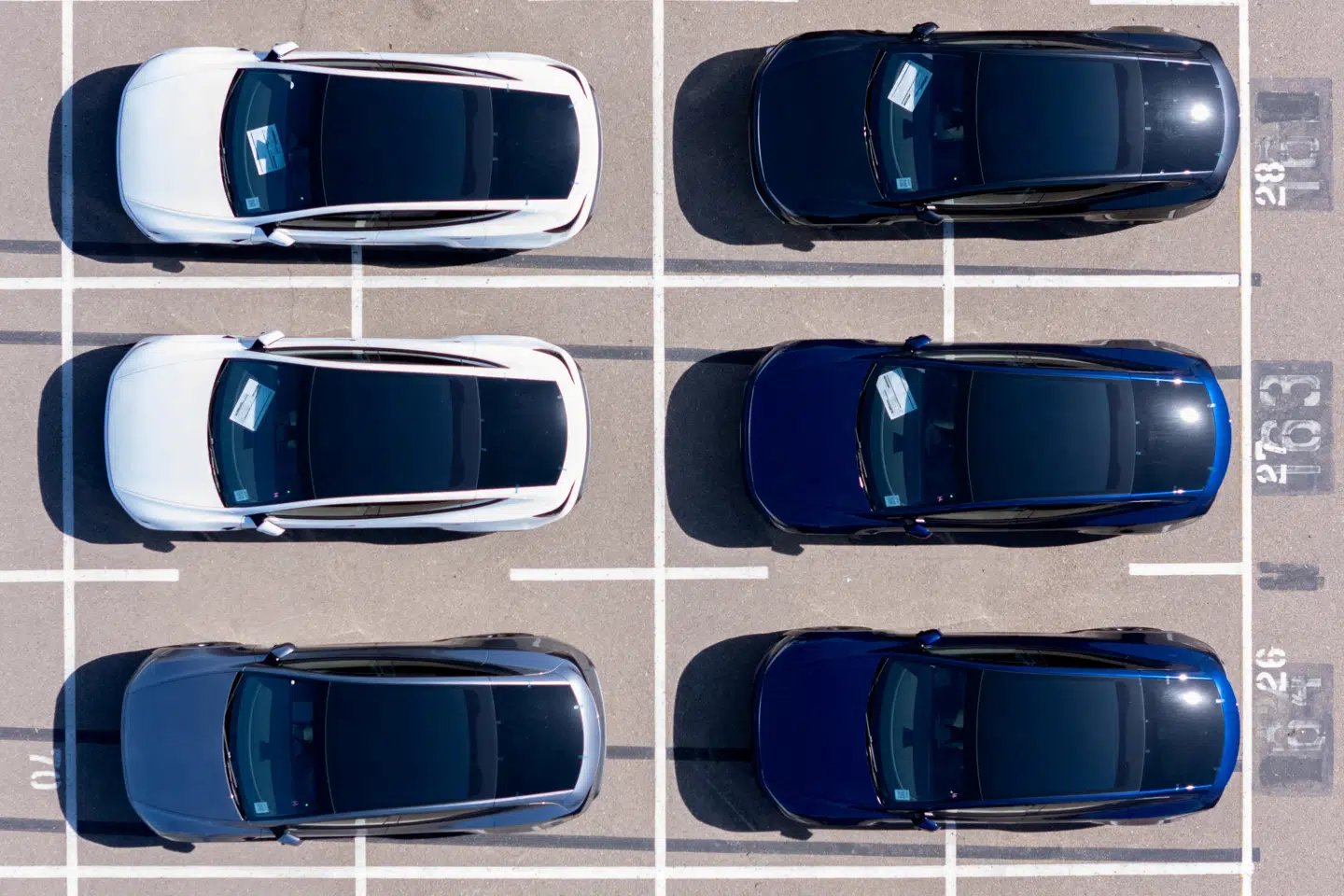 FILE PHOTO: A drone view shows new Tesla Model Y electric vehicles parked at the National City Marine Terminal in National City, California, U.S., October 23, 2025. REUTERS/Mike Blake/File Photo