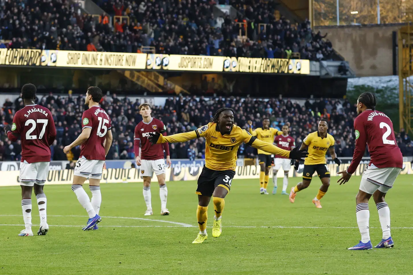 Wolverhamptons angriber Mateus Mane sprudlede i lørdagens forløsende sejr over West Ham og jublede over sit mål til 3-0.