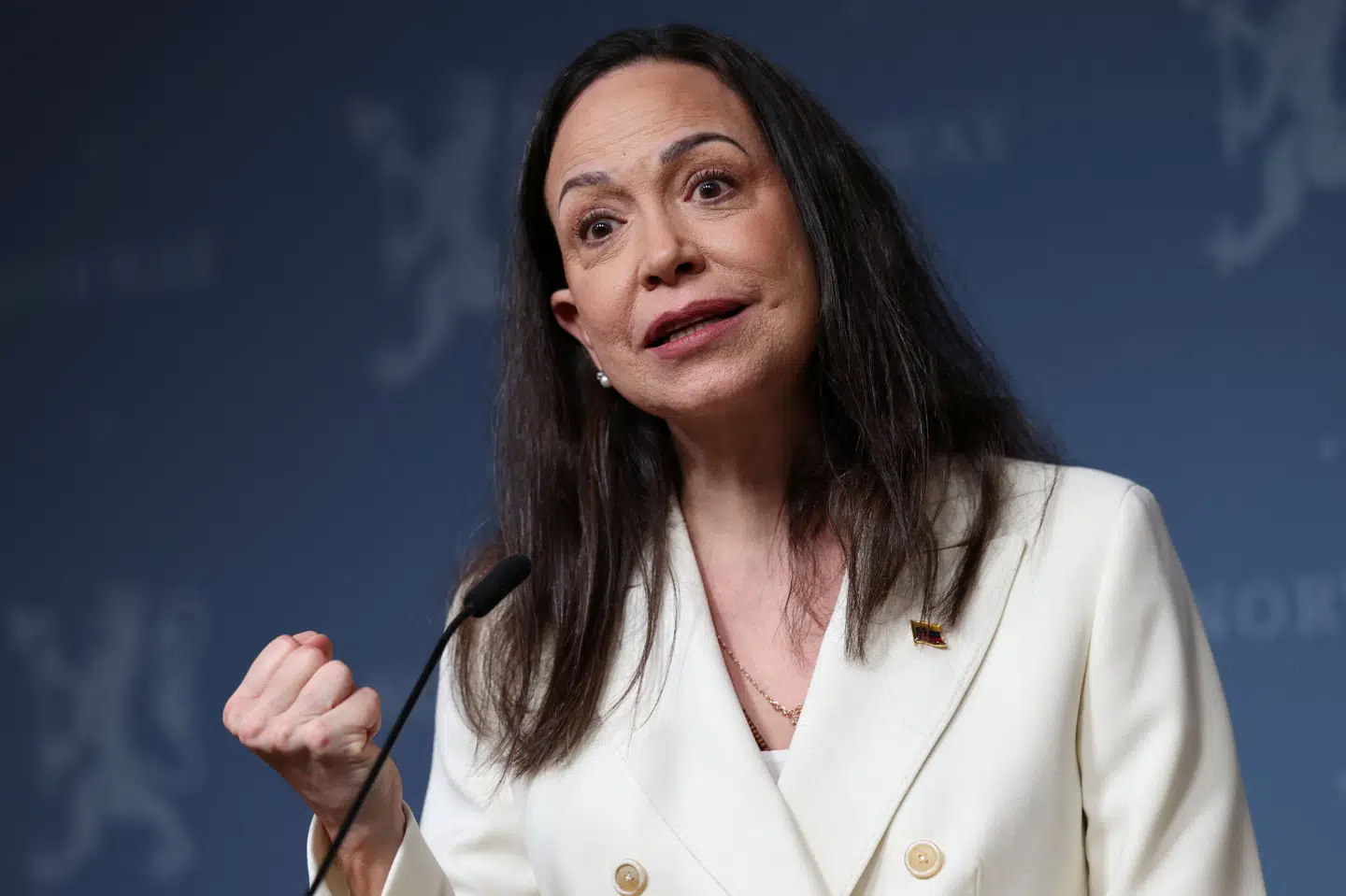 María Corina Machado taler ved et pressemøde i Oslo i december, efter at hun havde modtaget Nobels fredspris. (Arkivfoto).
