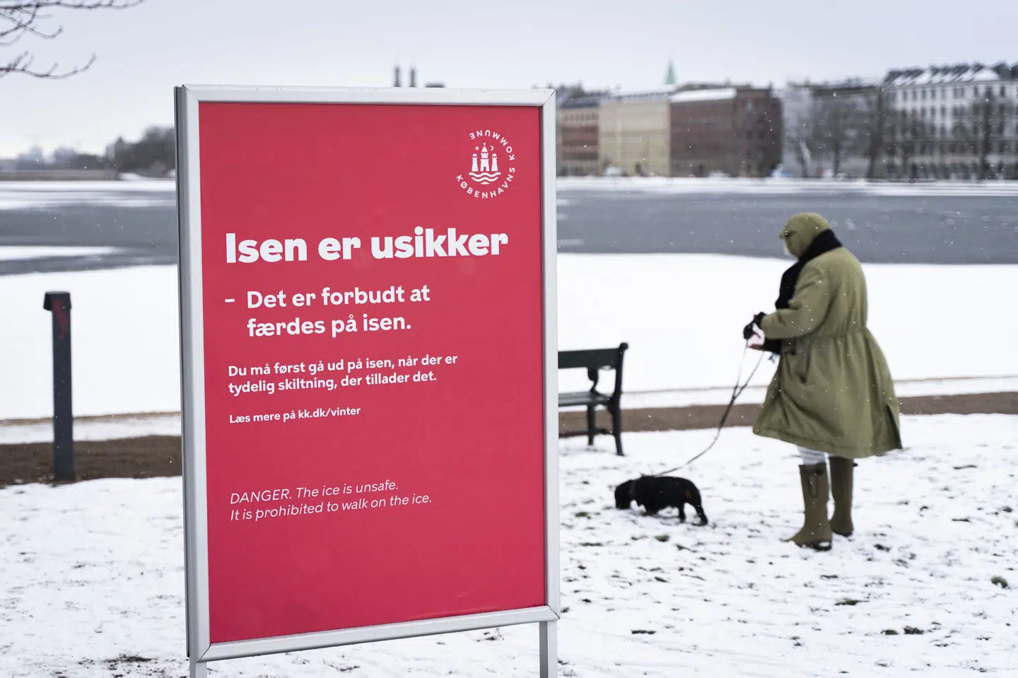 Isen er usikker, lød det på et skilt ved ved Peblinge Sø i København i november 2023. Det er først tilladt, når det er skiltet tydeligt. (Arkivfoto).