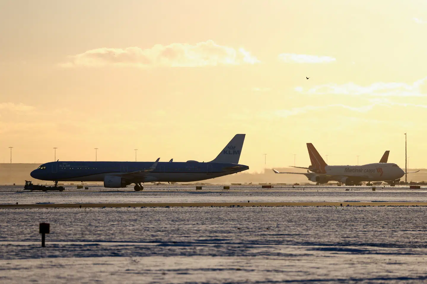 Lufthavnen Schiphols område var dækket af sne tirsdag. Onsdag kæmper lufthavnen også med snevejret, som er blevet suppleret af kraftig vind.
