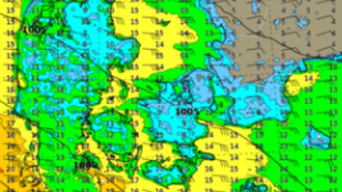 Det bliver blæsende fredag, hvor et lavtryk vil passere Danmark vestfra. Her ses DMIs prognose for middelvinden fredag klokken 12.