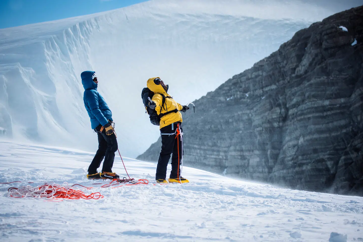 Will Smith makes it to the top of 300 foot ice wall. (credit: National Geographic/Freddie Claire)