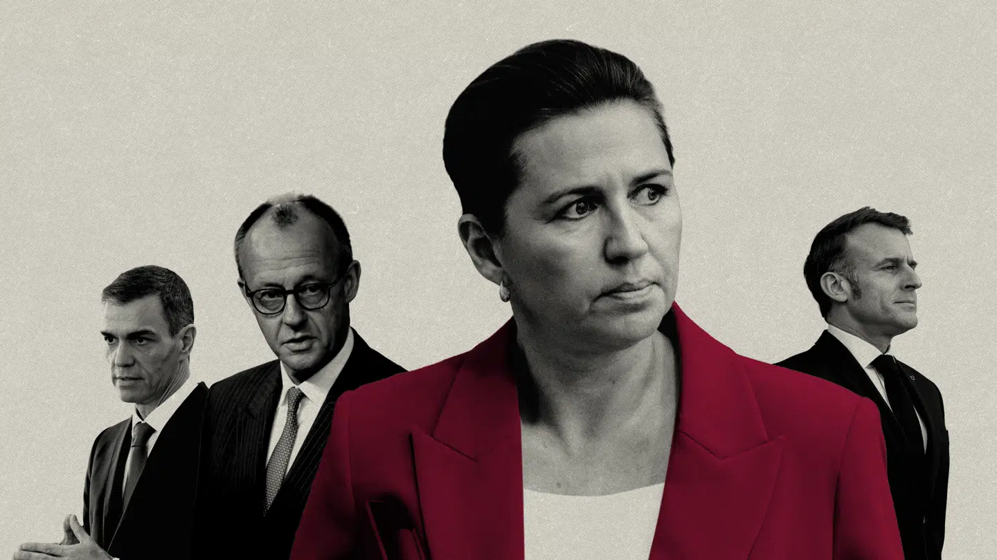 I de europæiske hovedstæder er man travlt beskæftiget med at finde en måde at afkode og håndtere Donald Trump på. Her er det fra venstre: den spanske premierminister Pedro Sánchez, Tysklands kansler, Friedrich Merz, statsminister Mette Frederiksen, Frankrigs præsident, Emmanuel Macron.