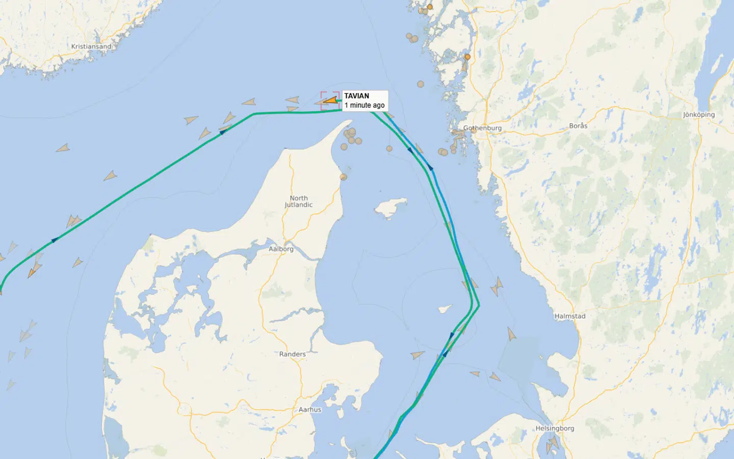 Tavian var mandag formiddag passeret Skagen på dens vej ud af de danske have.