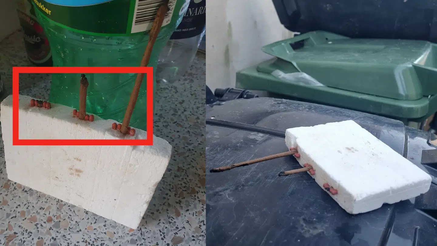 Det var denne hjemmelavede "brandbombe," som familien Johansen fandt den 27. december en bil tilhørende en gæst på deres grund.