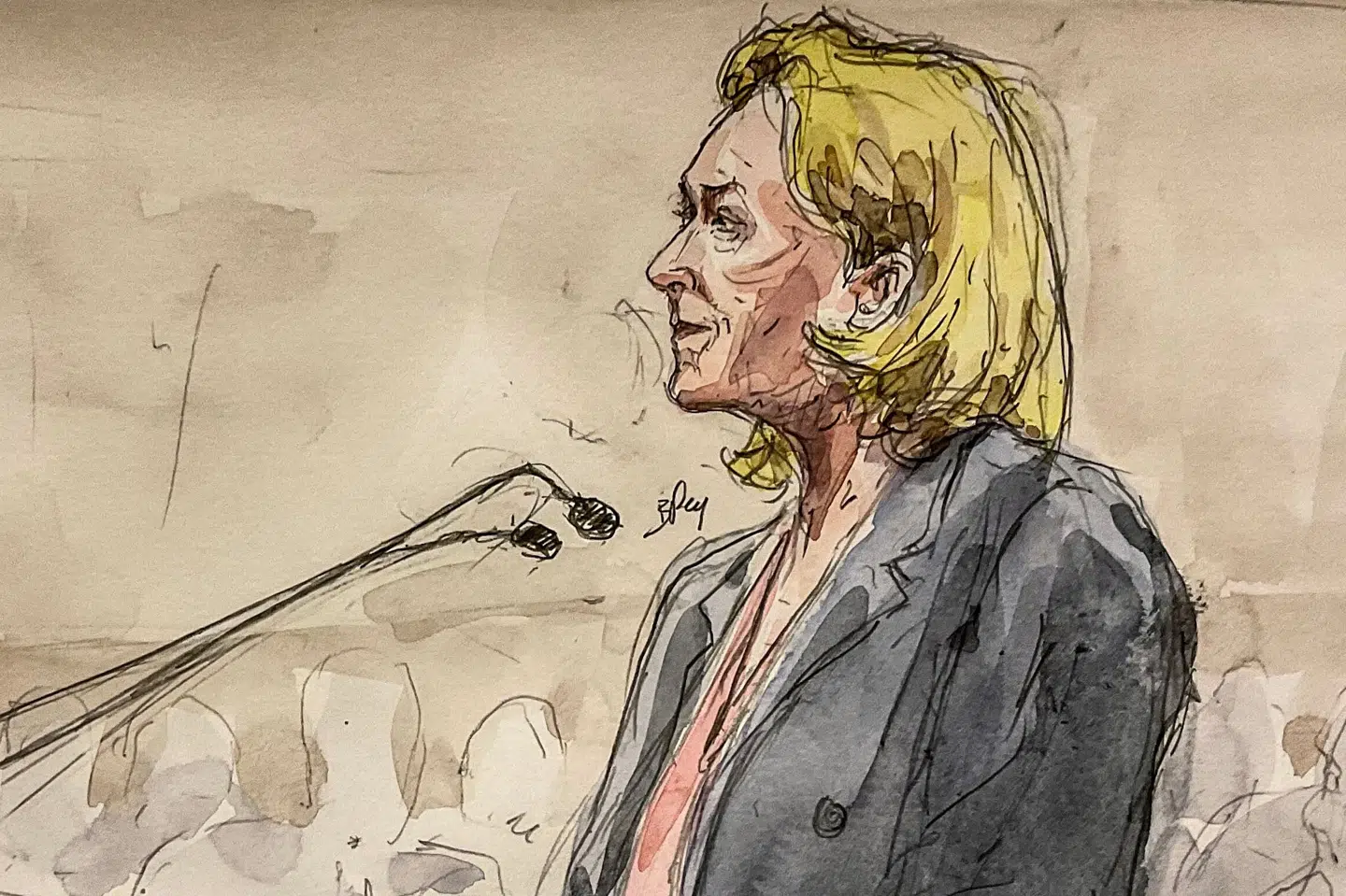 En retstegning viser Marine Le Pen fra National Samling under retsmøde, hvor hun bedyrer, at hun "aldrig skjulte noget".