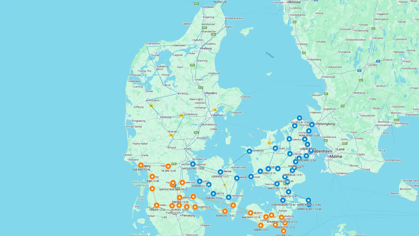 Her kan du se kortet over de byer, der bliver besøgt, som flyvevåbnet har delt.
