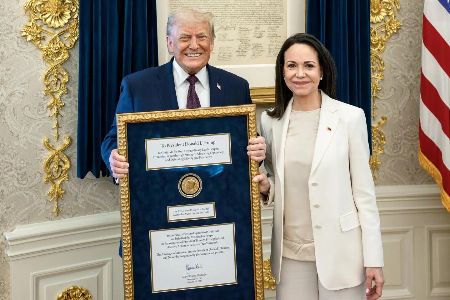 Den amerikanske præsident, Donald Trump, mødtes tidligere i januar med den venezuelanske oppositionsleder, Maria Corina Machado, i Det Ovale Værelse i Washington D.C., hvor hun overrakte sin Nobels fredspris til ham. (Arkivfoto).